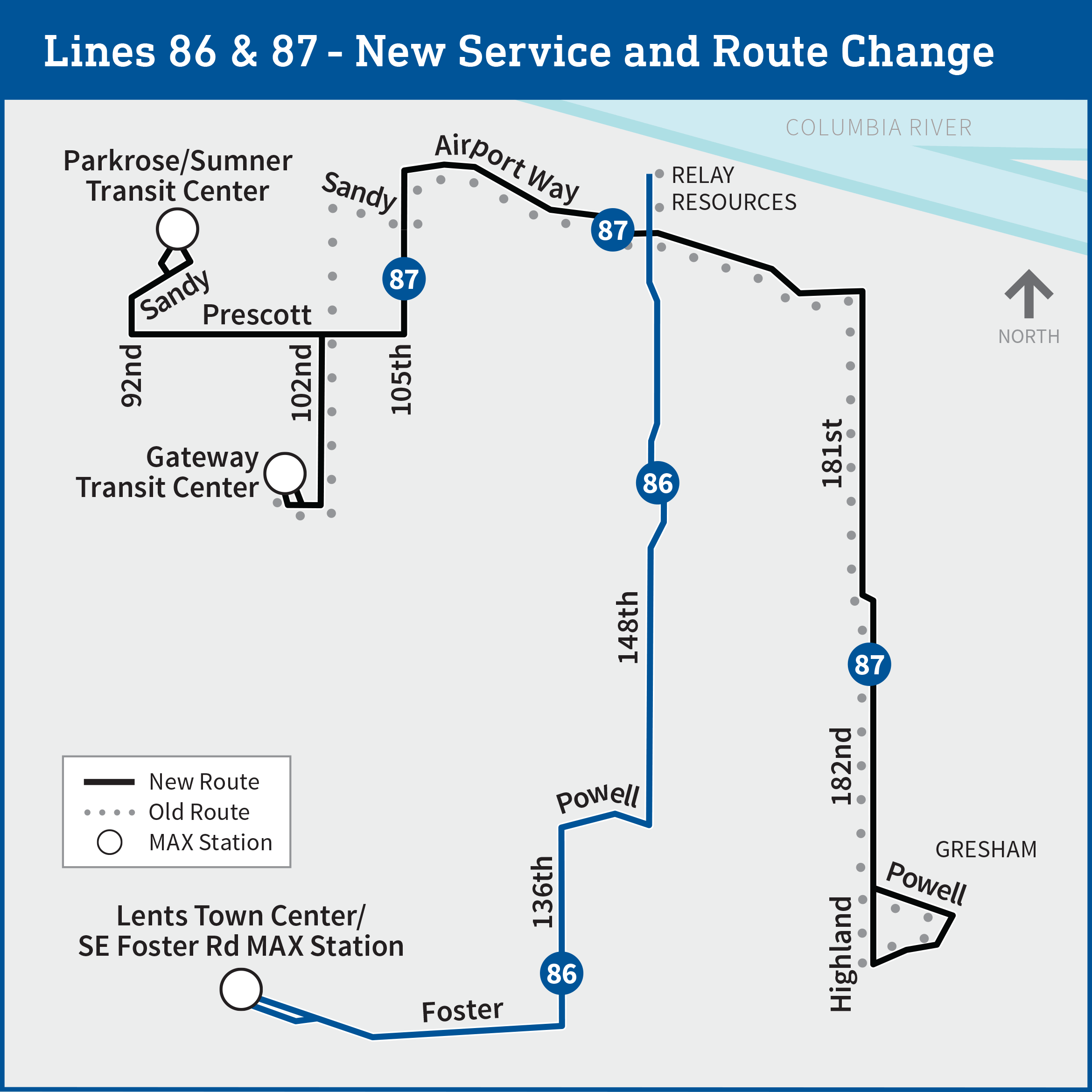 Route map showing service changes for TriMet bus lines 86 and 87. Line 86 is a new route, and Line 87 has been revised. Line 86 begins at Lents Town Center/SE Foster Rd MAX Station. It travels generally northeast along Foster, 136th, Powell, and 148th ending at Relay Resources. Line 87 starts in Gresham, traveling generally northwest along Powell, Highland, 182nd, 181st, Airport Way, 105th, Prescott, and 102nd to Gateway Transit Center. The old route’s loop north to Relay Resources has been reassigned to the new Line 86. From Airport Way, the turn on to 105th is a change from the old route where it previously turned onto Sandy then continued to 102nd. There is an addition to the route branching north from Prescott to 92nd and Powell, ending at Parkrose/Sumner Transit Center.