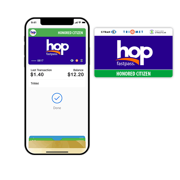 Valid Honored Citizen fares including a Hop card and a virtual Hop card on a phone
