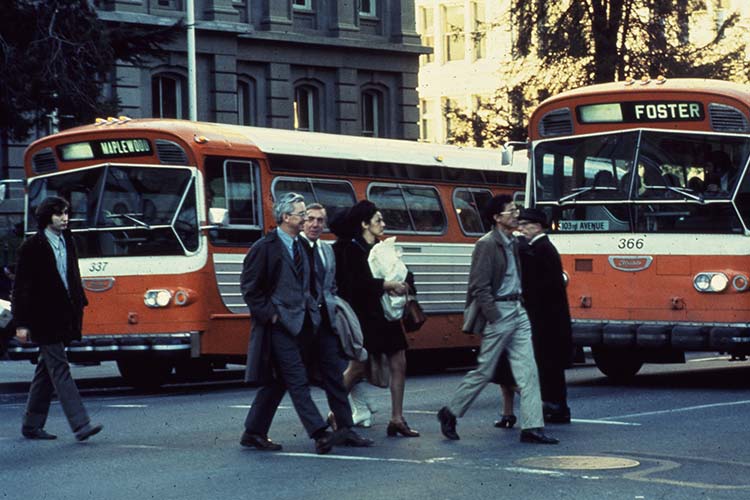 Buses and pedestrians on downtown Portland's Fareless Square