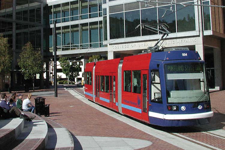 Portland Streetcar at PSU in front of the College of Urban & Public Affairs building