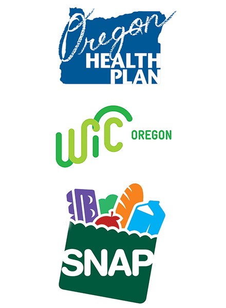 Oregon Health Plan, WIC (Special Supplemental Nutrition Program for Women, Infants, and Children), and SNAP (Supplemental Nutrition Assistance Program) services logos