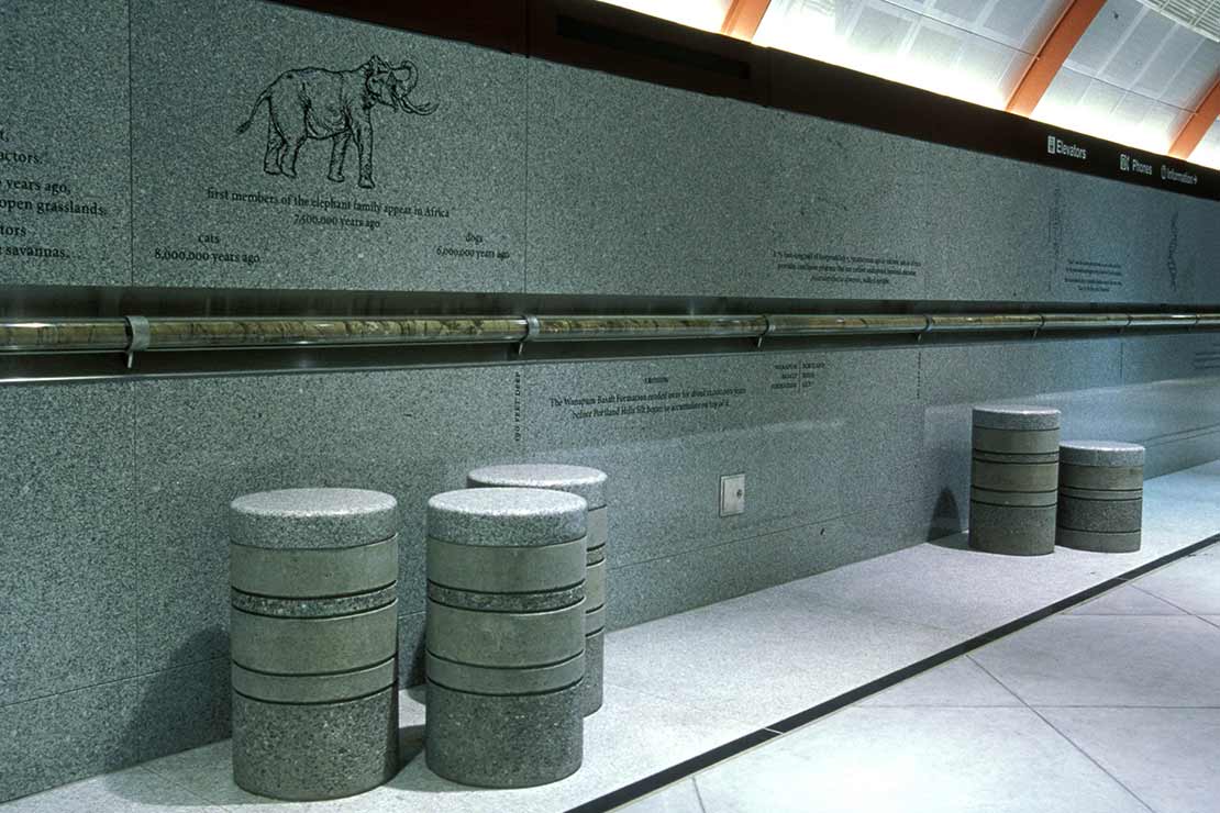 'Timeline' etched into the wall in the Washington Park MAX stop