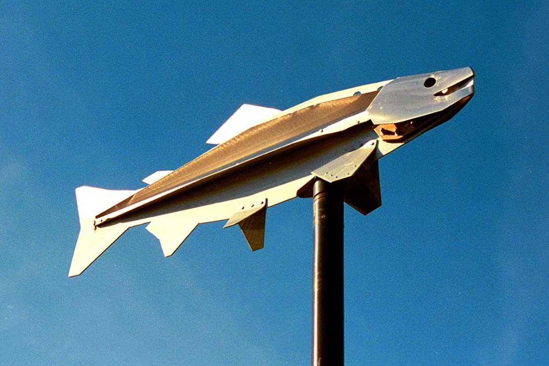 Coho Commute sculpture closeup of metal coho fish