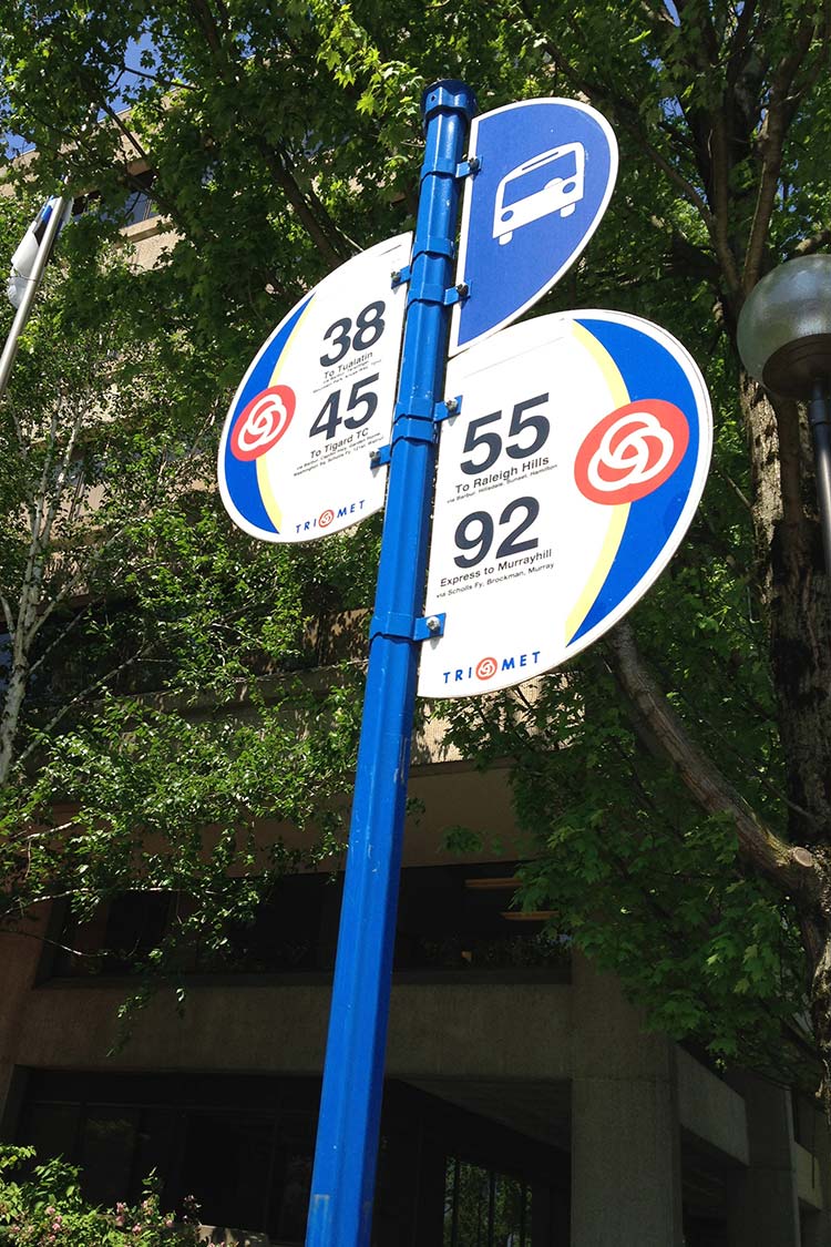 Bus stop sign for TriMet lines 38, 45, 55, 92